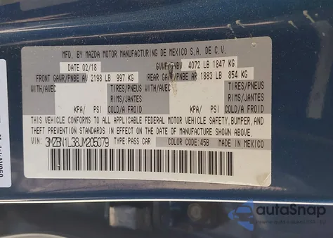 2018 Mazda Mazda3 Touring from USA, damaged, VIN 3MZBN1L38JM205079